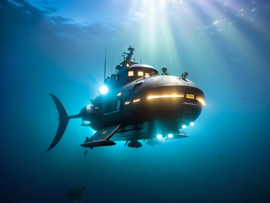 Exploración submarina: Vehículo de alta tecnología en las profundidades Exploración submarina con sonar en la oscuridad del mar, iluminada por criaturas bioluminiscentes