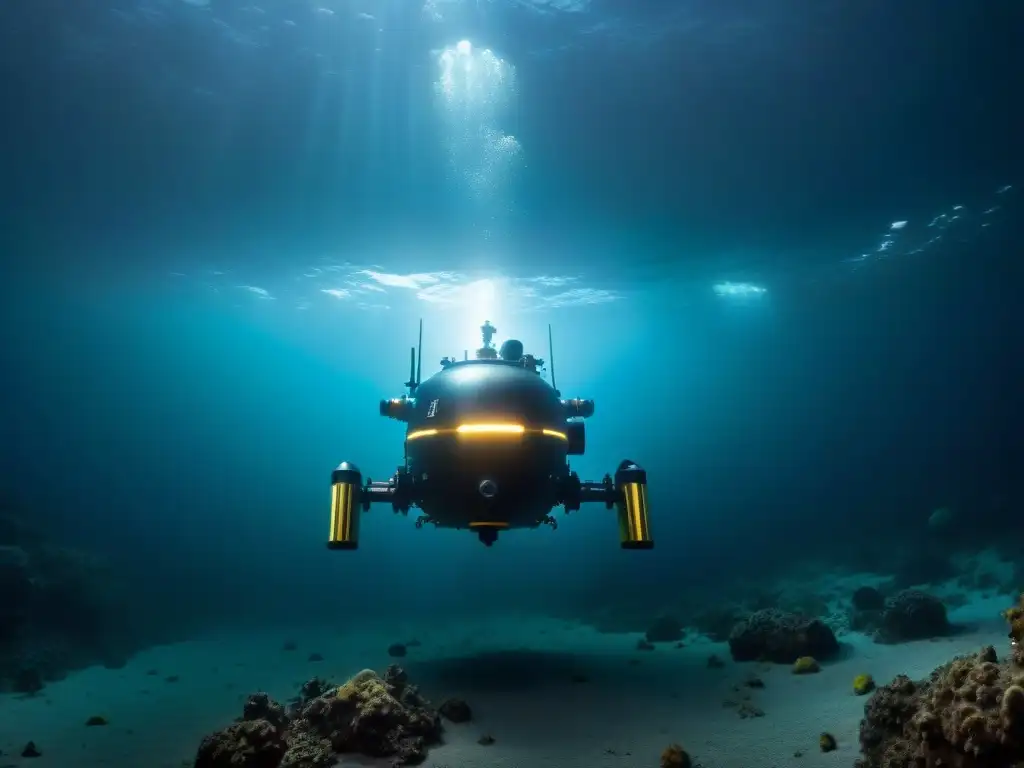 Exploración submarina en búsqueda de Atlantis Exploración submarina: vehículo robótico avanzado descendiendo en la oscuridad del océano en búsqueda de la Atlántida