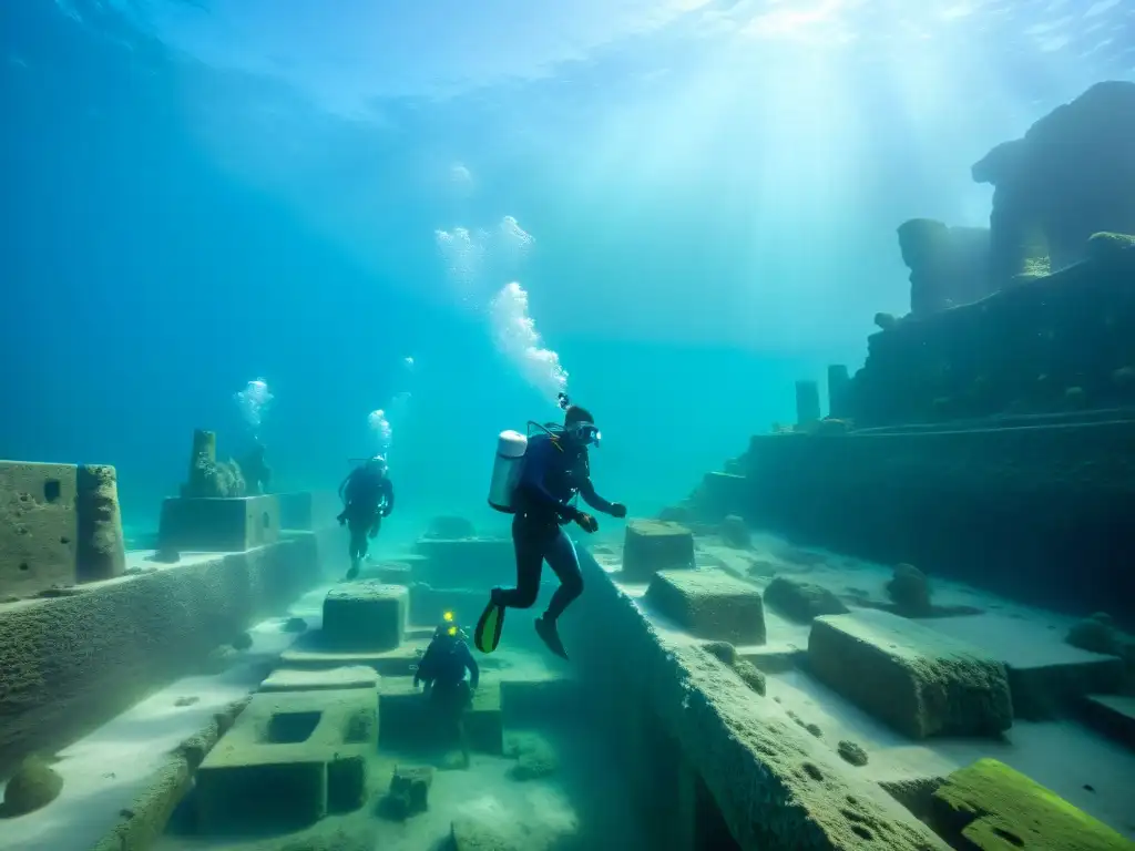 Excavación arqueológica en Heracleion: misterios bajo el mar Exploración submarina en ruinas de Heracleion, con arqueólogos descubriendo artefactos antiguos