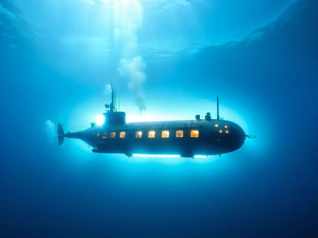 Submarino vintage entre medusas bioluminiscentes en aguas cristalinas Exploración submarina: un submarino vintage se desliza en aguas cristalinas rodeado de medusas bioluminiscentes
