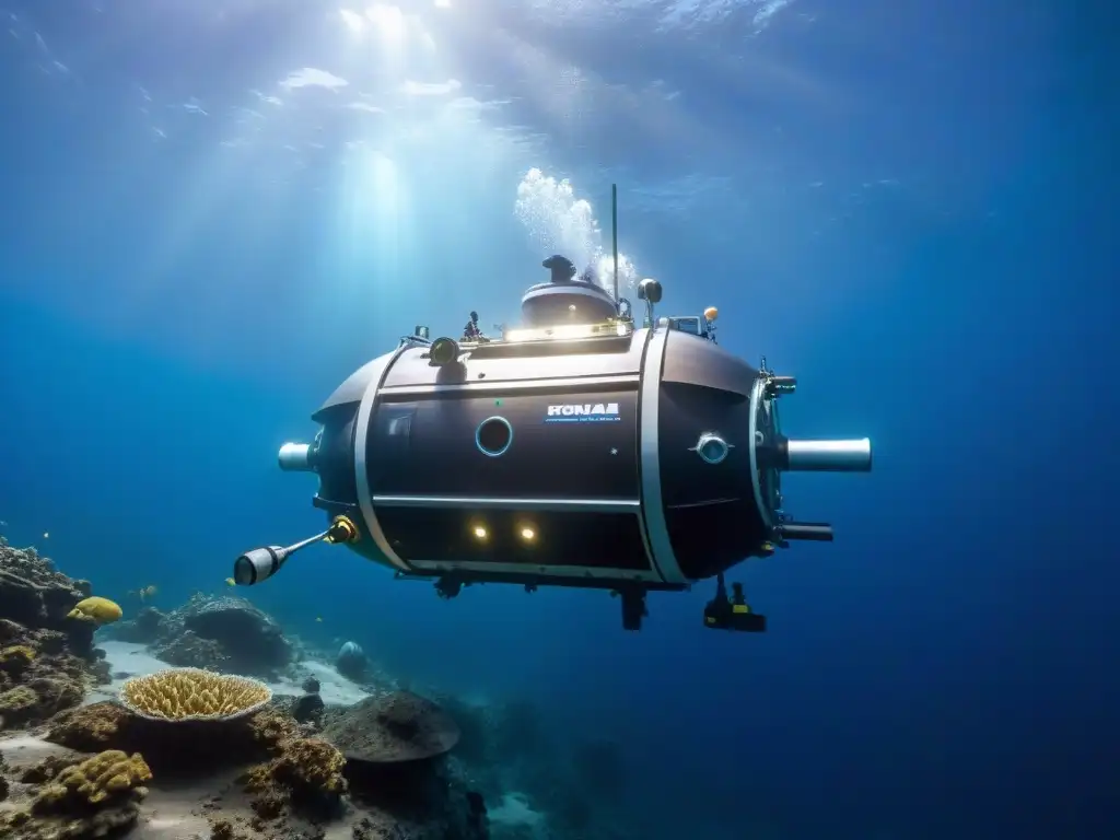 Exploración submarina: Tecnología avanzada en las profundidades Exploración submarina con tecnología avanzada en búsqueda de la Atlántida, en las misteriosas profundidades oceánicas