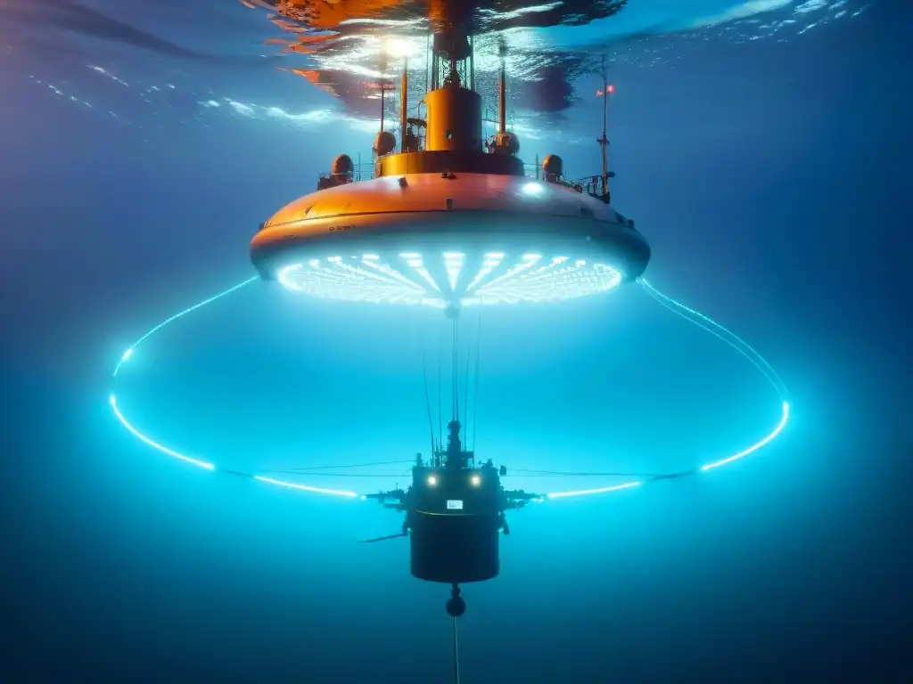 Exploración submarina: misterios y tecnología de vanguardia Exploración submarina con tecnología avanzada, iluminada por bioluminiscencia