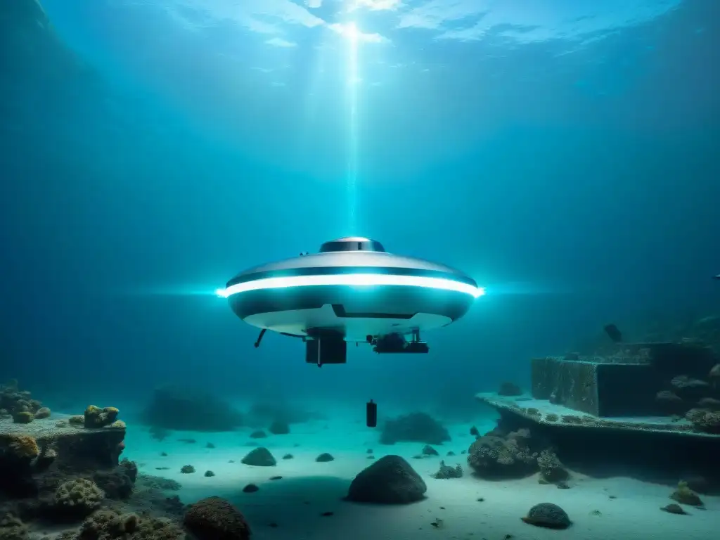 Exploración submarina: drone de alta tecnología en lo profundo Exploración marina: dron submarino de alta tecnología en busca de Atlántida, rodeado de criaturas bioluminiscentes