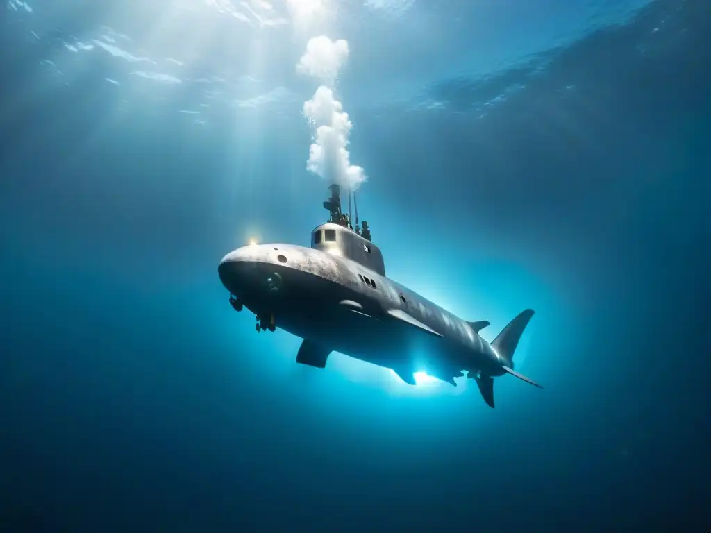 Exploración submarina: encuentro con el Megalodón en el abismo Un submarino de exploración desciende hacia el abismo oscuro del océano, iluminando la sombra de un Megalodón misterioso en abismos