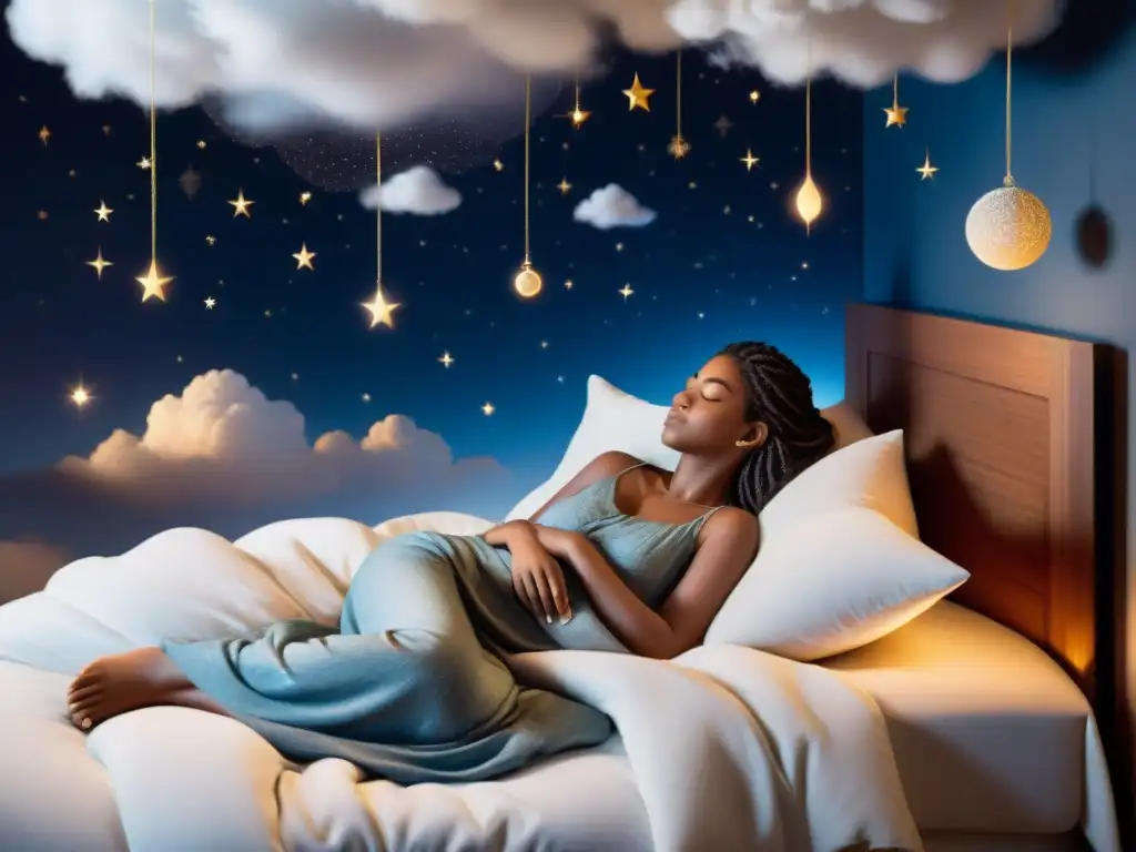 Arte onírico: persona durmiendo entre nubes y astros Un sueño profundo entre nubes y hilos, simbolizando la conexión entre sueños y premoniciones
