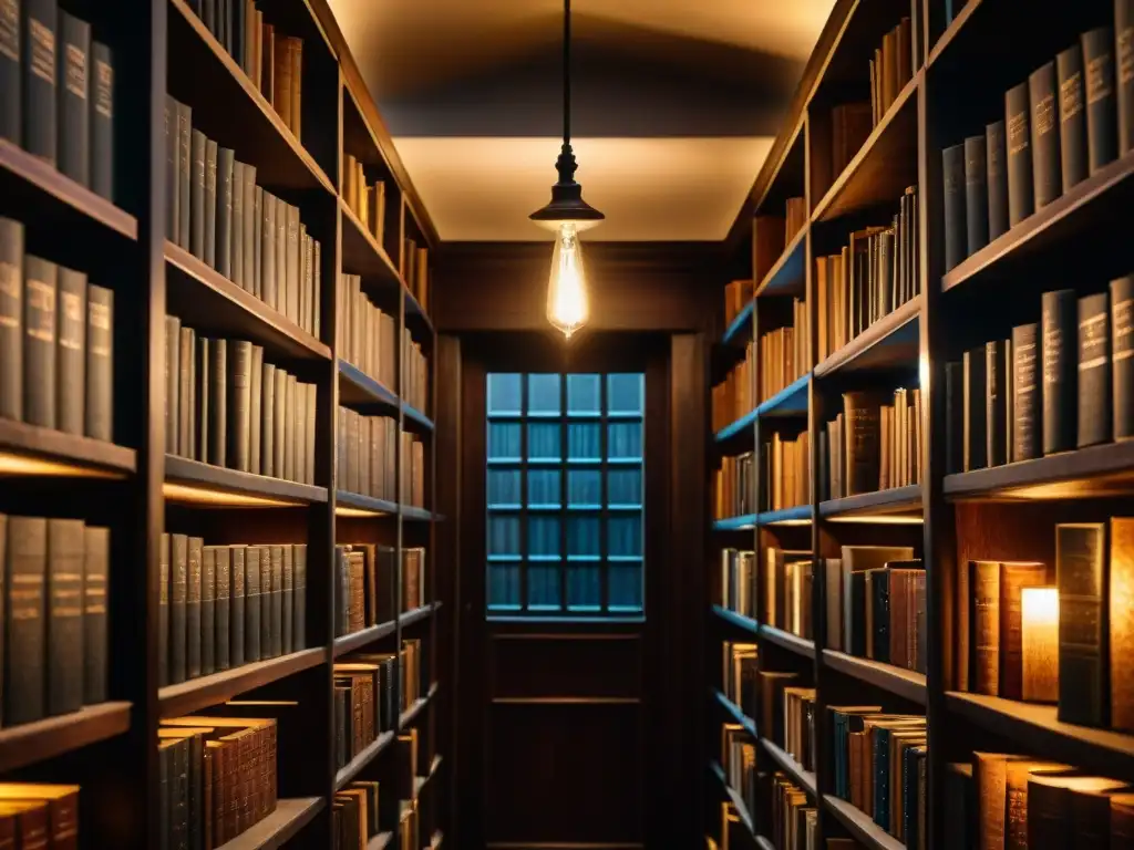 Misterios de la Peste: Biblioteca Antigua Iluminada Sumérgete en la atmósfera de misterio e intriga de una antigua biblioteca iluminada, con libros sobre 'Teorías conspiración pandemias históricas'