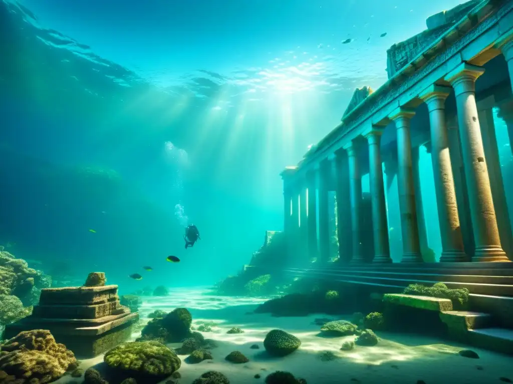 Atlantis: Ciudad mítica sumergida en detalle Sumérgete en la enigmática ubicación perdida de la Atlántida, con su arquitectura detallada y ruinas antiguas