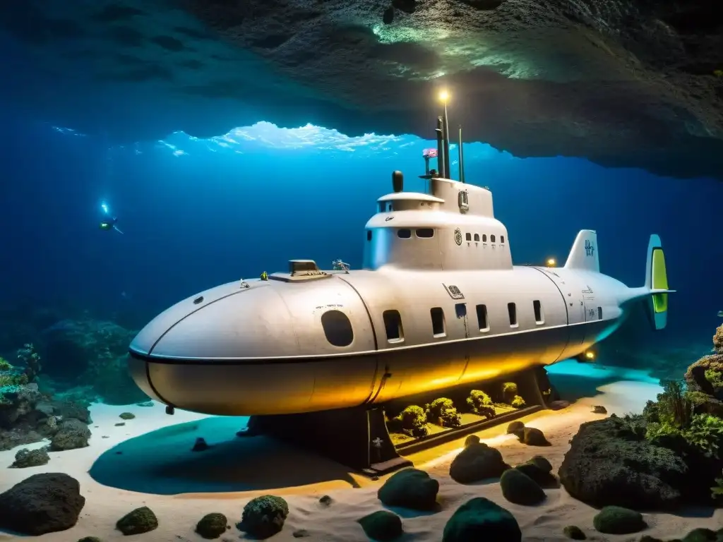 Misterios submarinos: exploración en las profundidades Sumérgete en los misterios submarinos y criptografía: un submarino explorador ilumina un antiguo símbolo en una cueva submarina