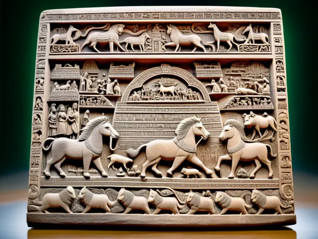 Una tableta de piedra antigua con escena de diluvio, arca flotando en aguas turbulentas con animales y figuras humanas