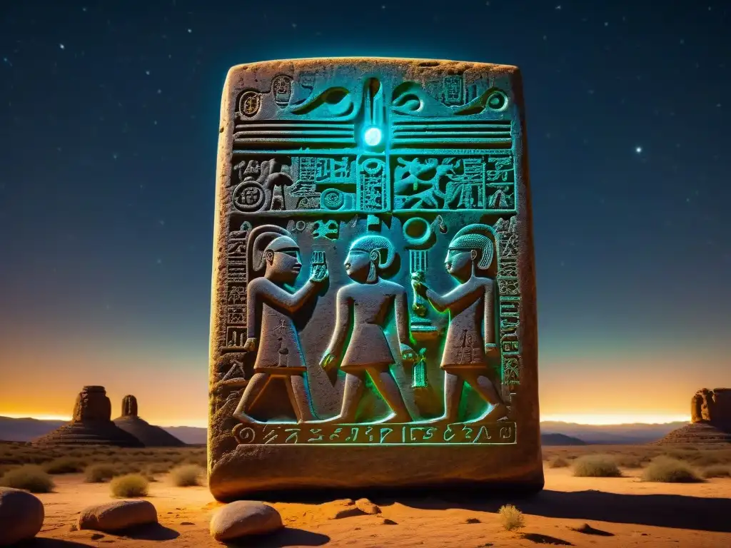 Tablilla ancestral iluminada: mensajes misteriosos bajo las estrellas Tableta de piedra antigua iluminada por un resplandor etéreo, con entidades interdimensionales misterios sin resolver bajo un cielo estrellado