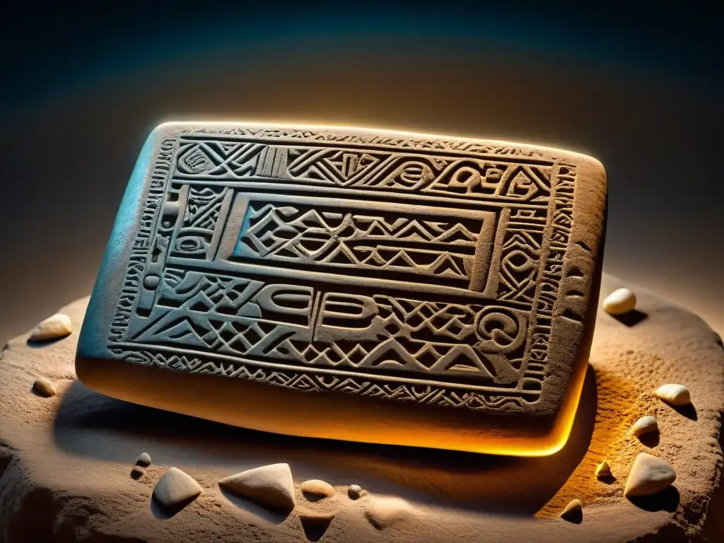 Misteriosa tablilla protoelamita: descubre antiguos secretos Tableta protoelamita antigua rodeada de artefactos, listo para descifrar escritura protoelamita civilización antigua