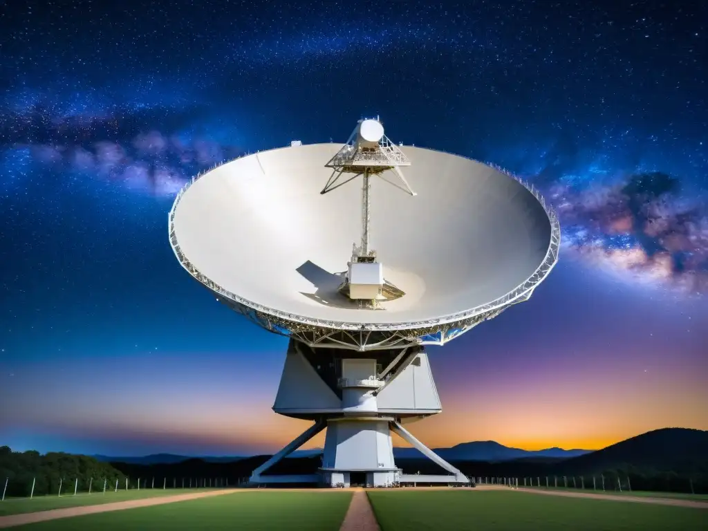 Un telescopio enorme apuntando al cielo estrellado, captando señales extraterrestres ignoradas civilizaciones