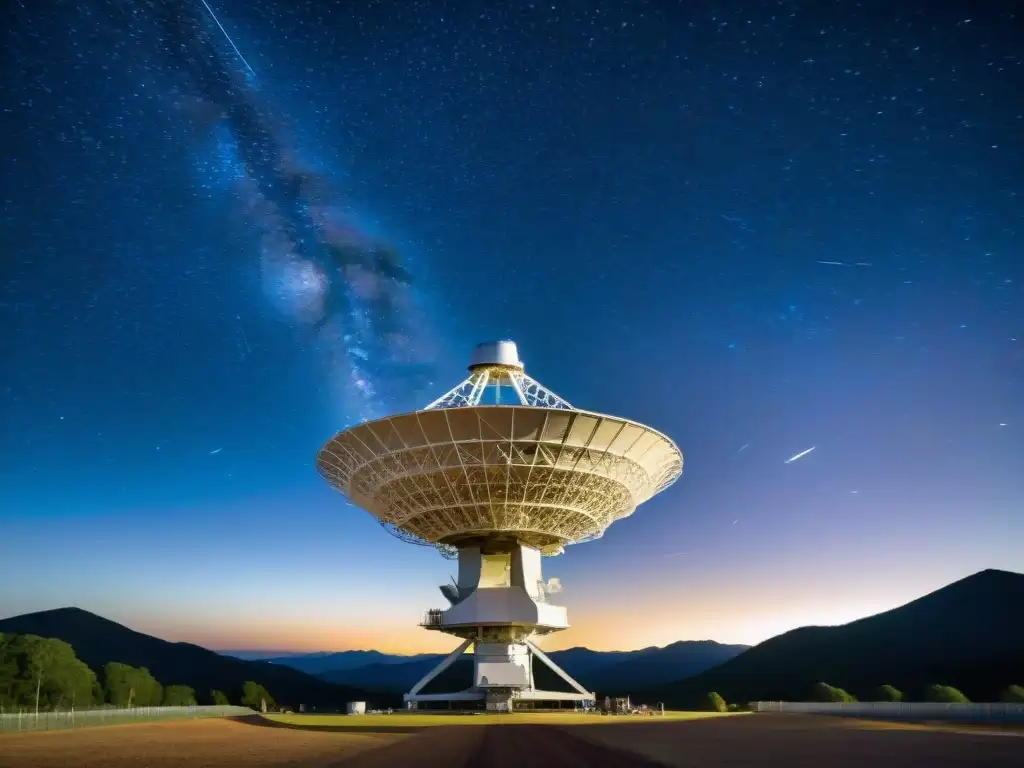 Explorando el Universo: Antena Parabólica Capta Señales Cósmicas Un telescopio gigante apunta al cielo nocturno, capturando pulsos de radio desde el espacio profundo