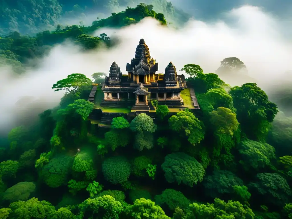 Templo antiguo rodeado de misterio y sabiduría en la niebla, entre exuberante vegetación