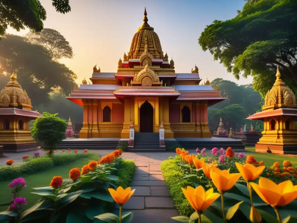 Templo hindú detallado al atardecer, con esculturas y vegetación exuberante