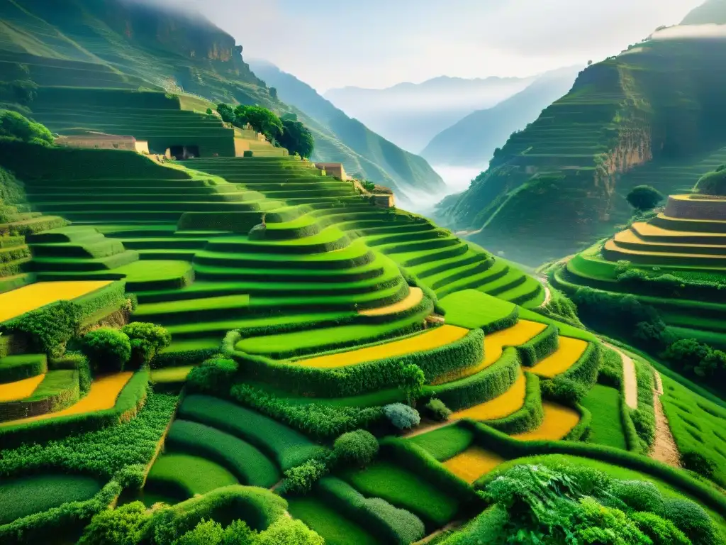 Terrazas agrícolas antiguas en la montaña, con cultivos verdes y restos de civilización perdida
