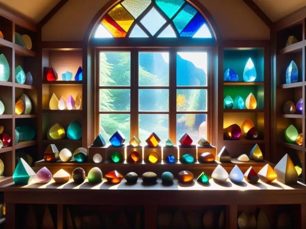 Tienda de cristales místicos: belleza y energía en detalle Tienda de cristales mística y serena con variedad de piedras vibrantes y brillantes