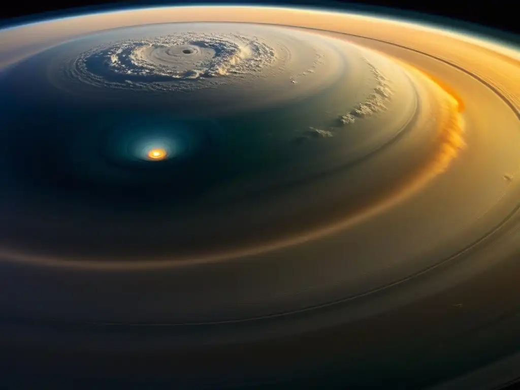 Tormenta hexagonal de Saturno: detalle fascinante del polo norte Una tormenta hexagonal gigante en el polo norte de Saturno, con sus colores únicos y patrones de nubes, revelando misterios cósmicos