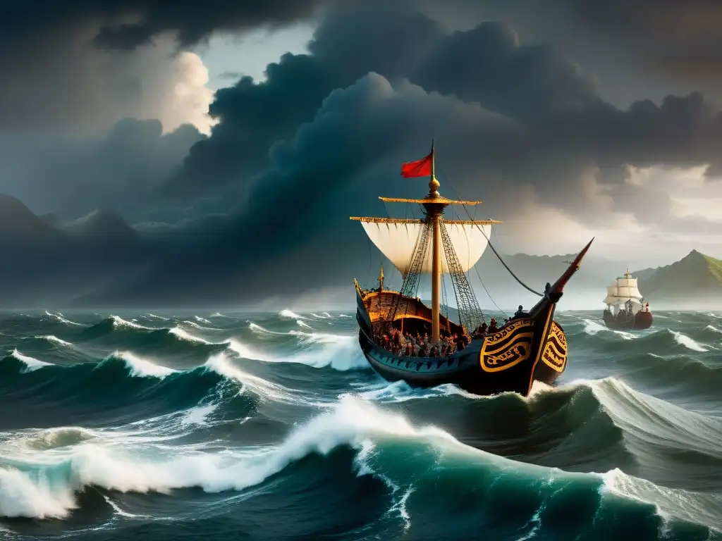 Tormenta en el mar: la fallida conquista de Kublai Khan Una tormentosa flota de Kublai Khan se adentra en misteriosas aguas japonesas al atardecer, un escenario de épica y peligro