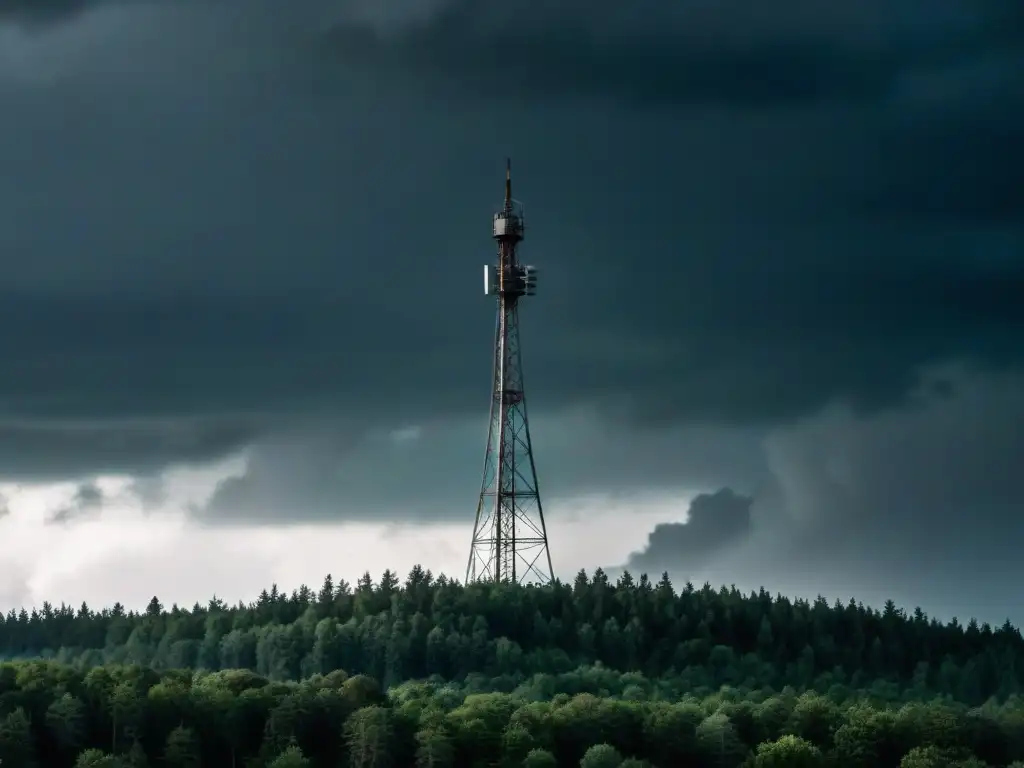 Una torre de comunicación solitaria destaca en un paisaje aislado y tormentoso, crucial para la comunicación de emergencia en entornos aislados