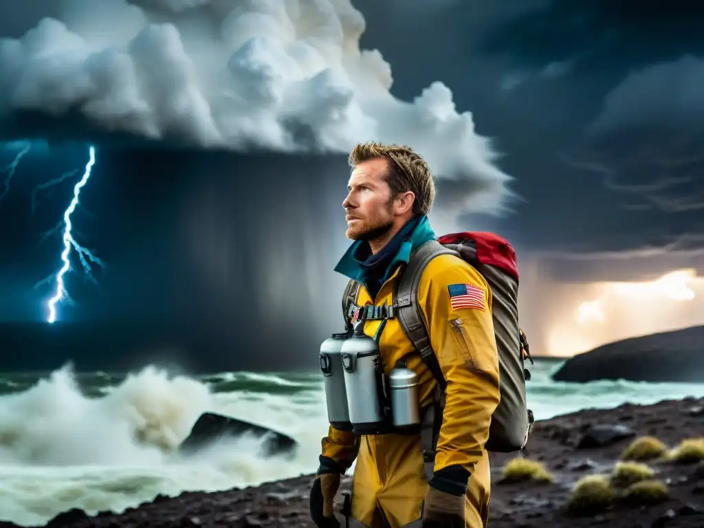 Explorador resistente: enfrentando la furia de la naturaleza Un valiente explorador desafiando tormenta, reflejando espíritu de exploración en condiciones extremas