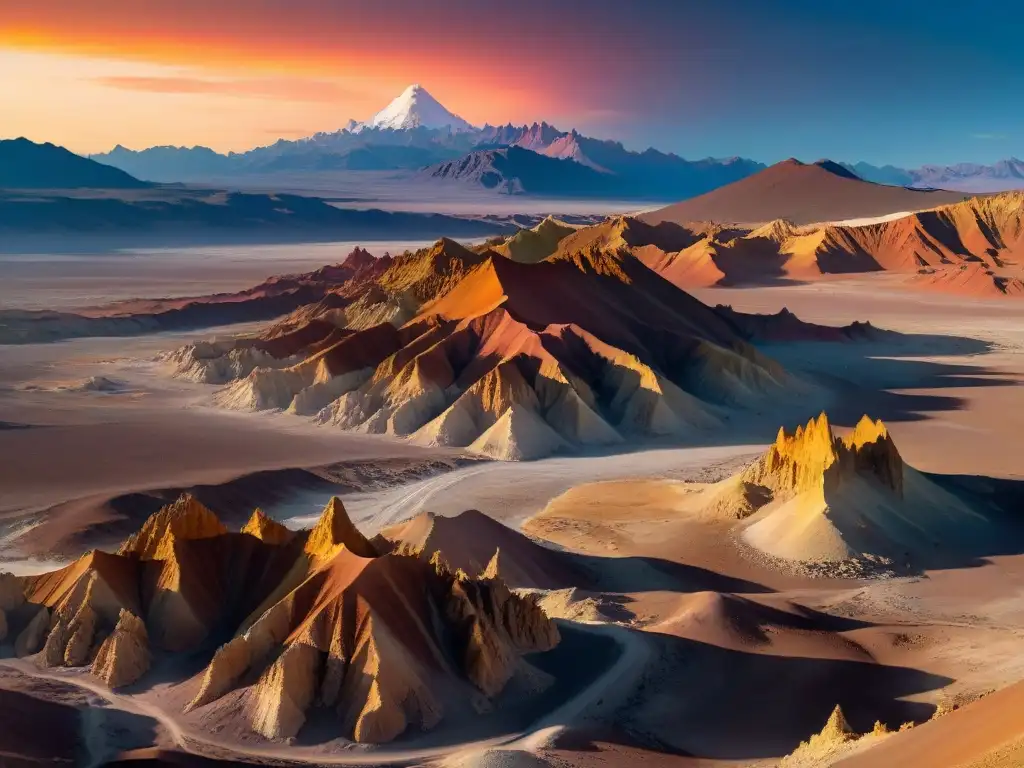 Valle de la Luna en Chile durante el atardecer, misterioso y surrealista, con formaciones rocosas y terreno lunar iluminados en tonos dorados