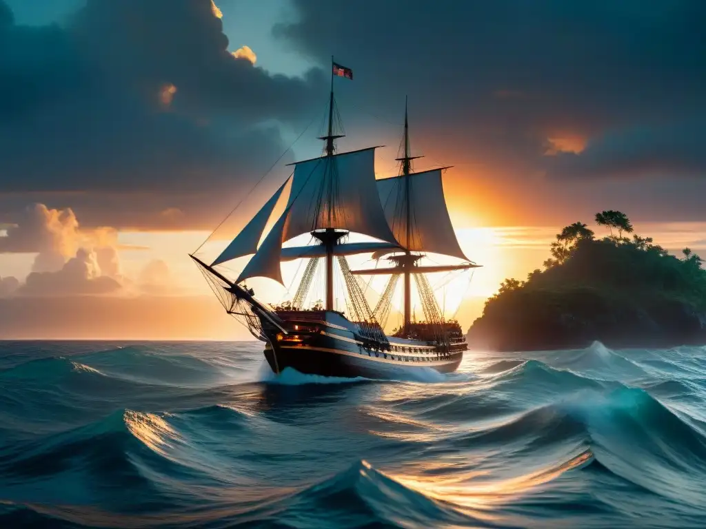 Nave clásica surca el Triángulo de las Bermudas al atardecer Un velero clásico navega en el Triángulo de las Bermudas, rodeado de misterio con el atardecer y un aura enigmática