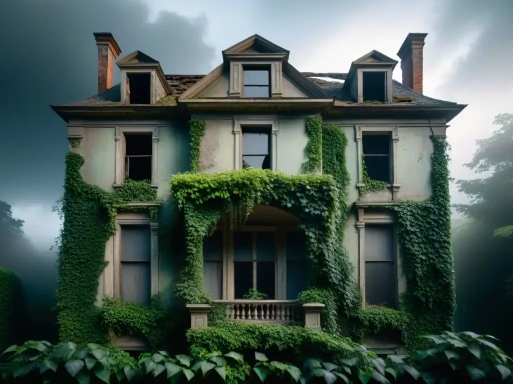Un viejo caserón en ruinas, con pintura descascarada, ventanas rotas y hiedra creciendo