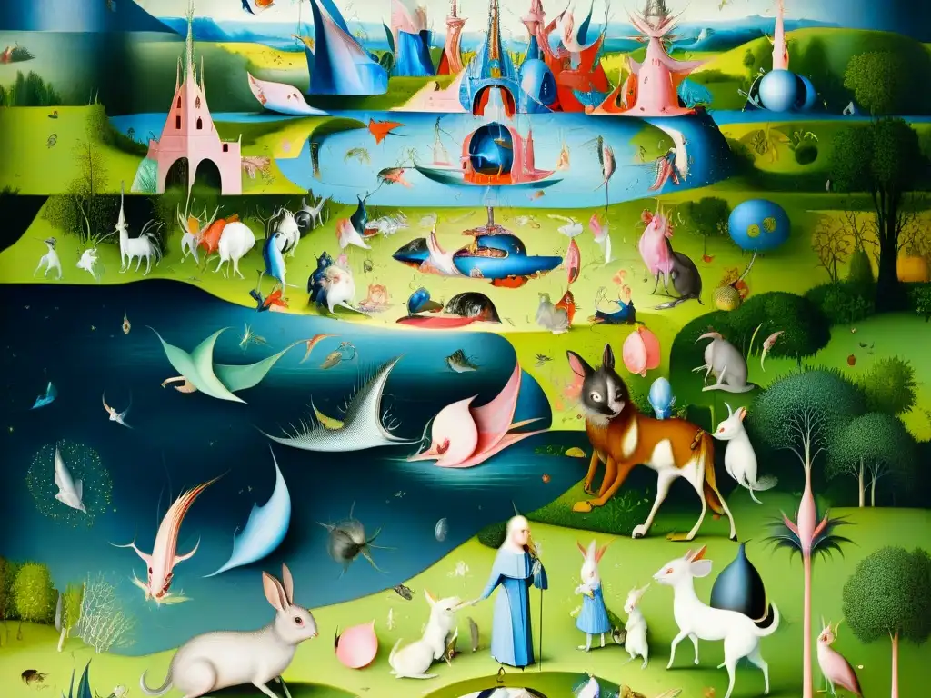 Misterioso detalle del Jardín de las Delicias de Bosch Una visión detallada de 'El Jardín de las Delicias' de Bosch, revelando su mensaje oculto y paisaje surrealista