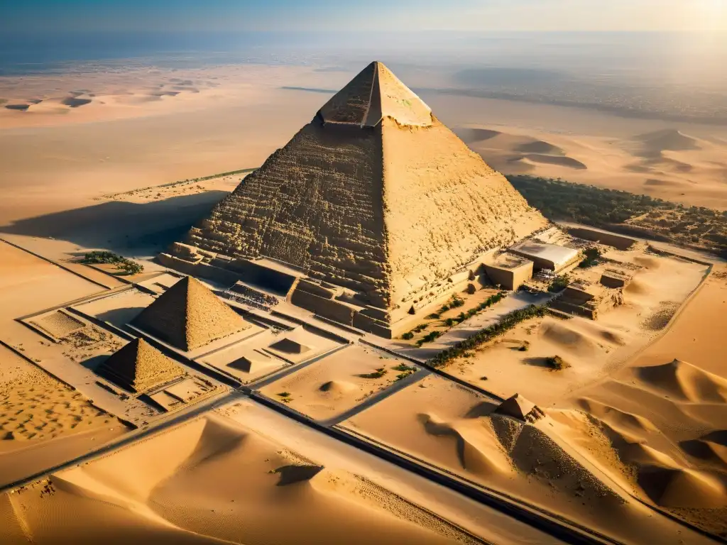 Gran Pirámide de Giza: Majestuosidad en el Desierto Egipcio Vista aérea detallada de la Gran Pirámide de Giza en el desierto egipcio, destacando su majestuosidad y diseño ante el sol