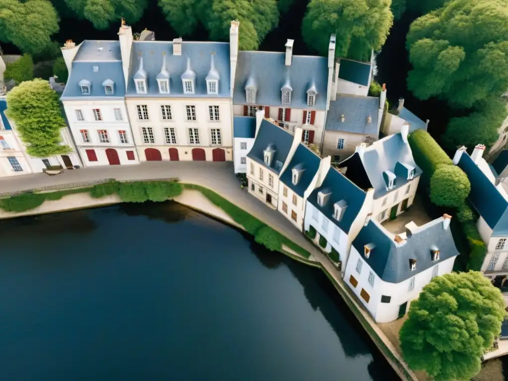 Vista aérea de un encantador pueblo con calles empedradas y un río sereno, evocando la misteriosa desaparición de una familia en Nantes