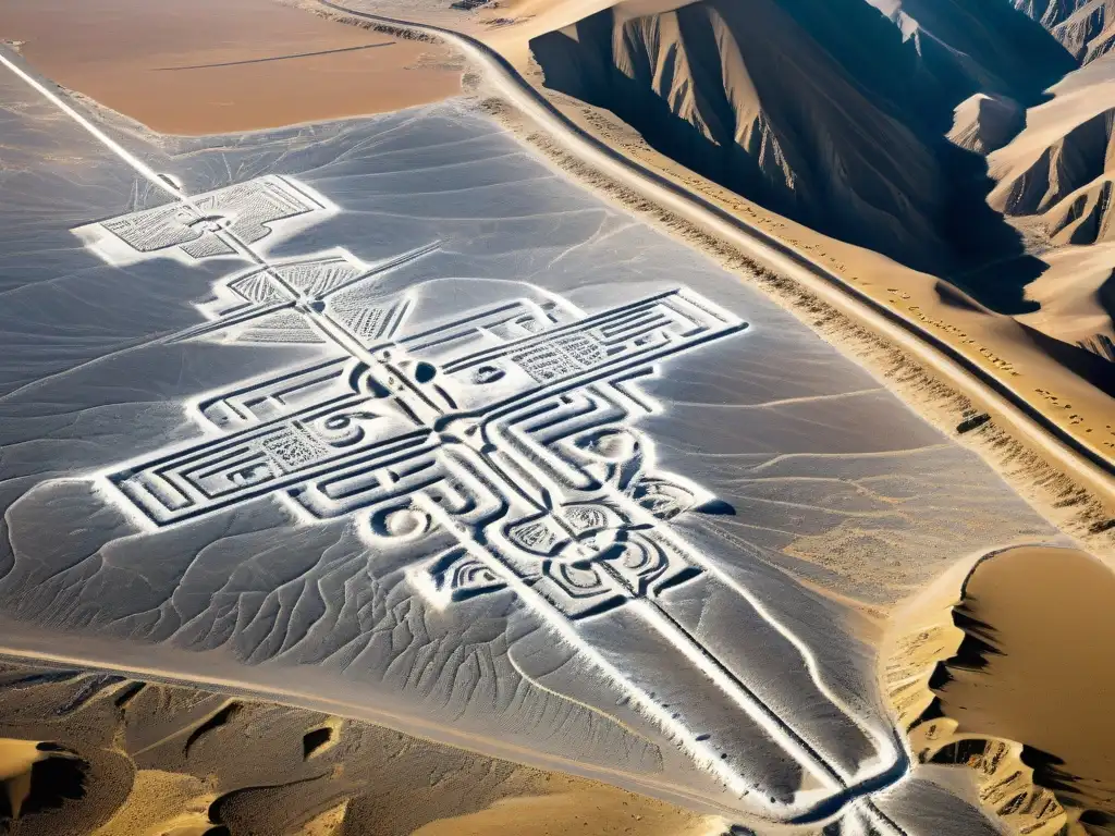 Misteriosas Líneas de Nazca: Geoglifos en el Desierto Peruano Vista aérea de enigmáticas Líneas de Nazca en Perú, con figuras geométricas y animales