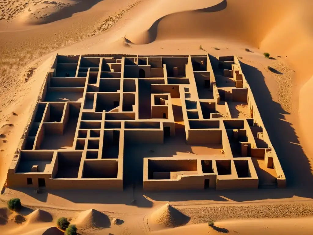 Laberinto de Hawara: Ruinas en Egipto, misterio y encanto Vista aérea del enigmático laberinto egipcio Hawara existencia, con ruinas detalladas y atmósfera misteriosa al atardecer