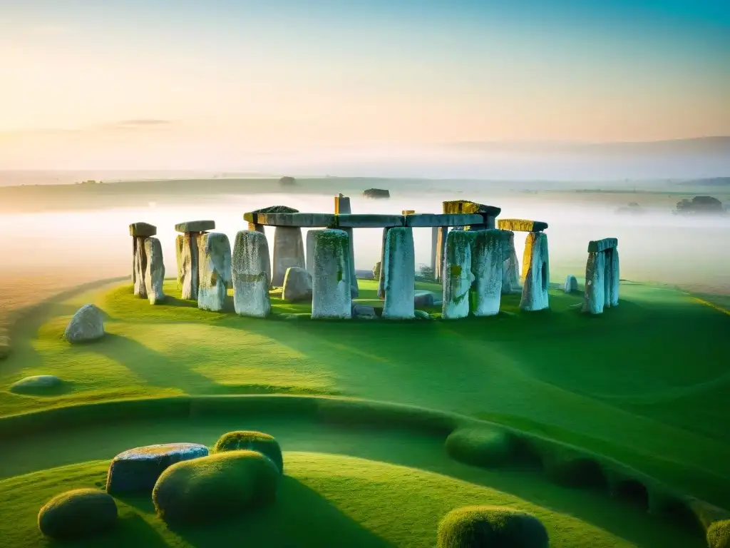 Stonehenge al amanecer: mística y enigma Vista aérea de Stonehenge al amanecer, envuelto en niebla