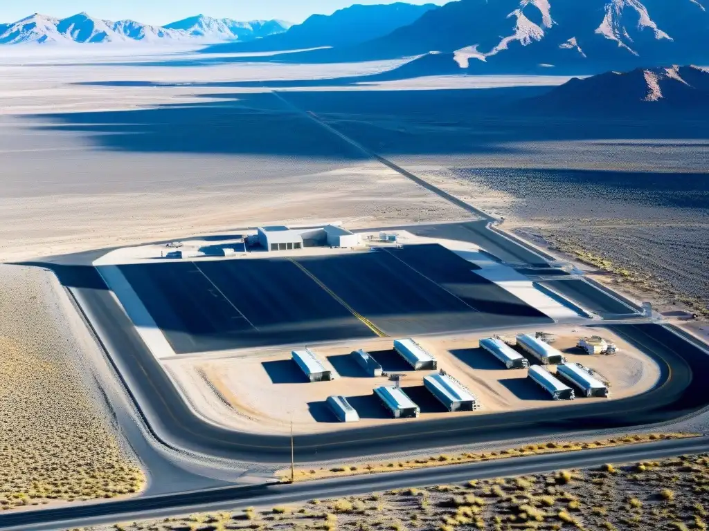 Base secreta de Area 51: misterios en el desierto de Nevada Vista aérea de la misteriosa y restringida base de Área 51 en el desierto de Nevada, rodeada de alambradas y vigilada por torres de control