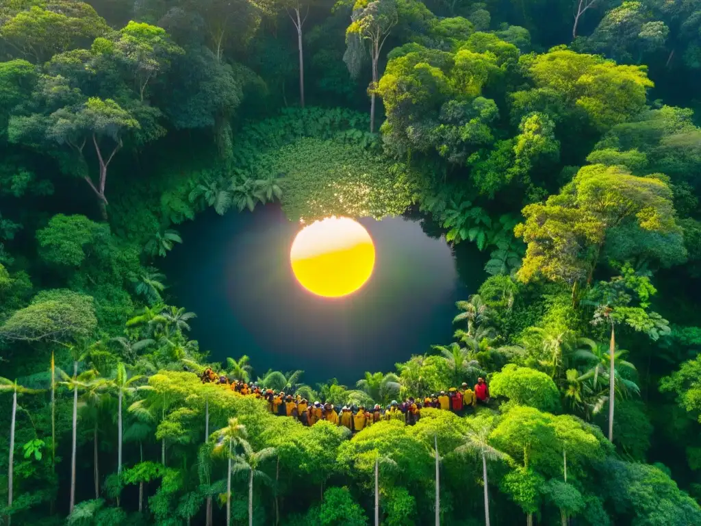 Misterio tribal: encuentro ancestral con tecnología moderna Vista aérea de tribus aisladas en la selva con misterioso dron sobre ellas, evocando secretos ancestrales