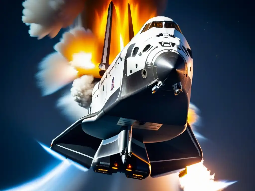 Propulsión ardiente: detallado encendido de cohetes en el vacío del espacio Una visual impactante de un transbordador espacial encendiendo sus propulsores en el vacío del espacio