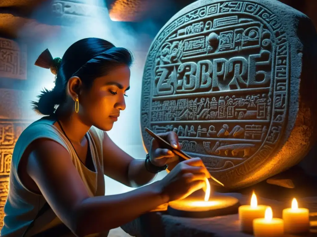 Descifrando misterios: Sacerdote zapoteca tallando símbolos en piedra Un escriba zapoteca tallando símbolos en piedra con luz de velas, evocando misterio y desciframiento de códigos